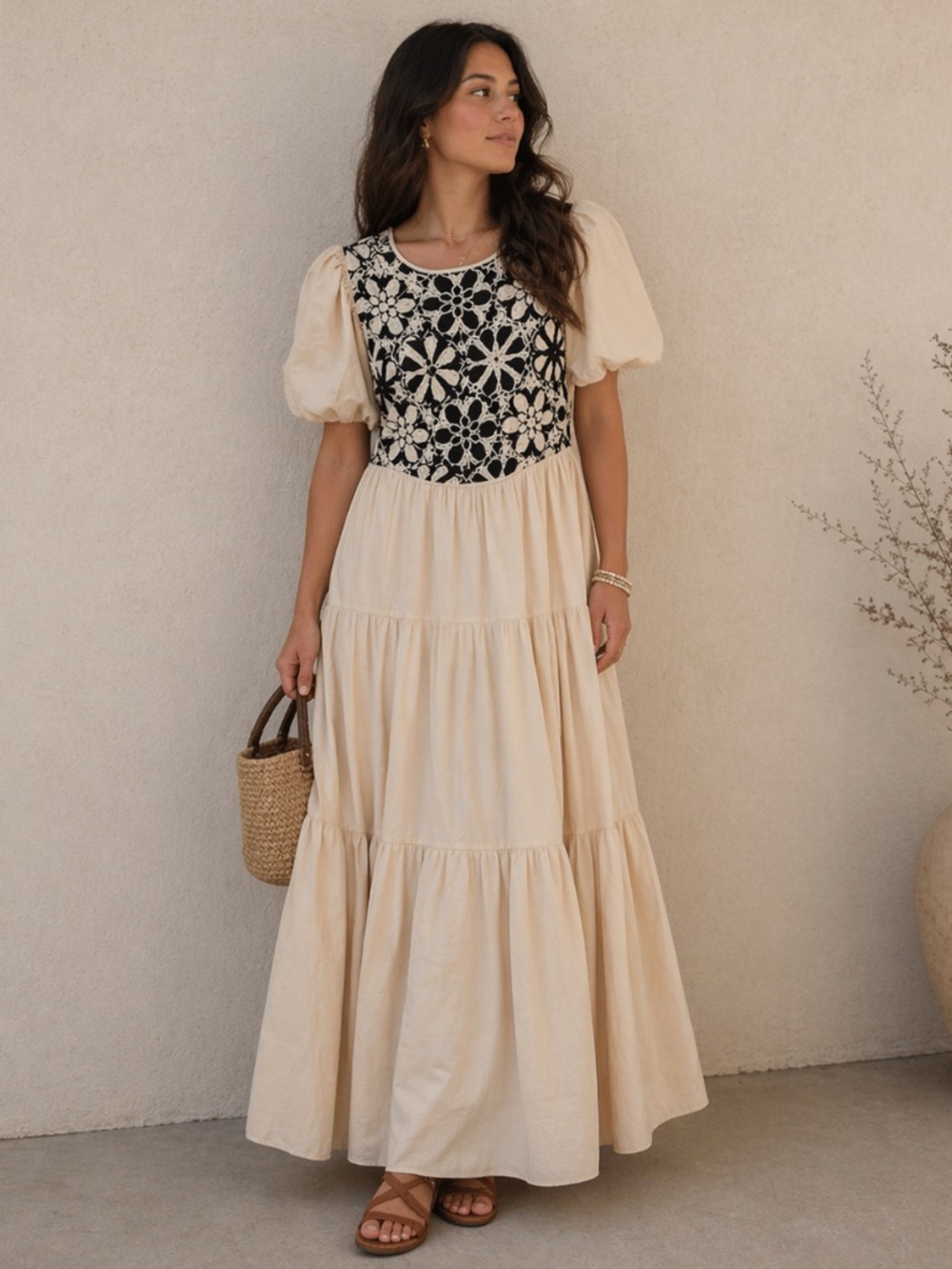 NWT &Merci Boho Cream Crochet Tiered Maxi Dress Sz S Cottagecore Prairie